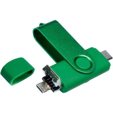 Флешка 3в1 16 ГБ зеленая, металл и пластик soft-touch «ТВИСТ-КОЛОР-ОТГ»