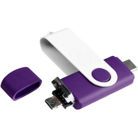Флешка 3в1 32 ГБ фиолетовая с белым, металл и пластик soft-touch «ТВИСТ-КОЛОР-ОТГ»