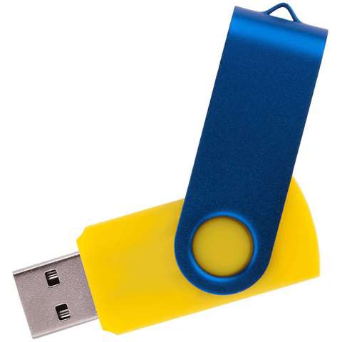 Флешка 32 ГБ желтая с синим, металл и пластик soft-touch «ТВИСТ-КОЛОР-МИКС»